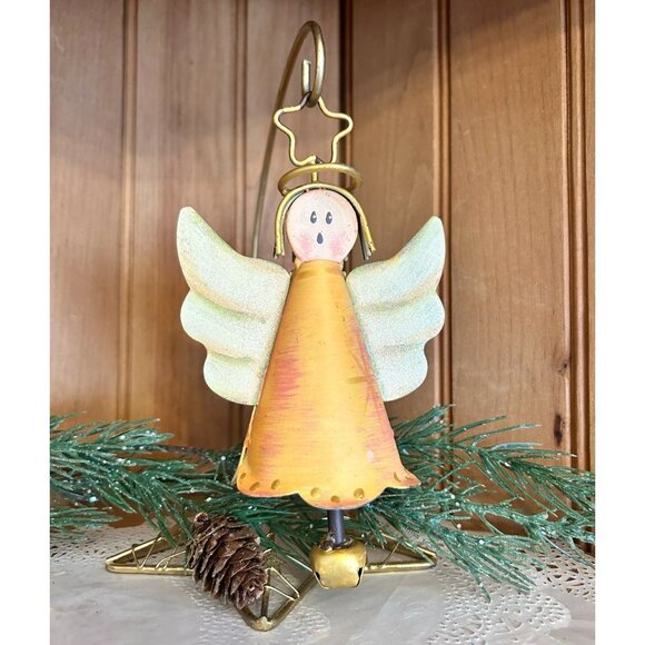 Hand-Painted Metal Angel Christmas Ornament Gold Accents & Bell 6 Inches Tall - Picture 1 of 3